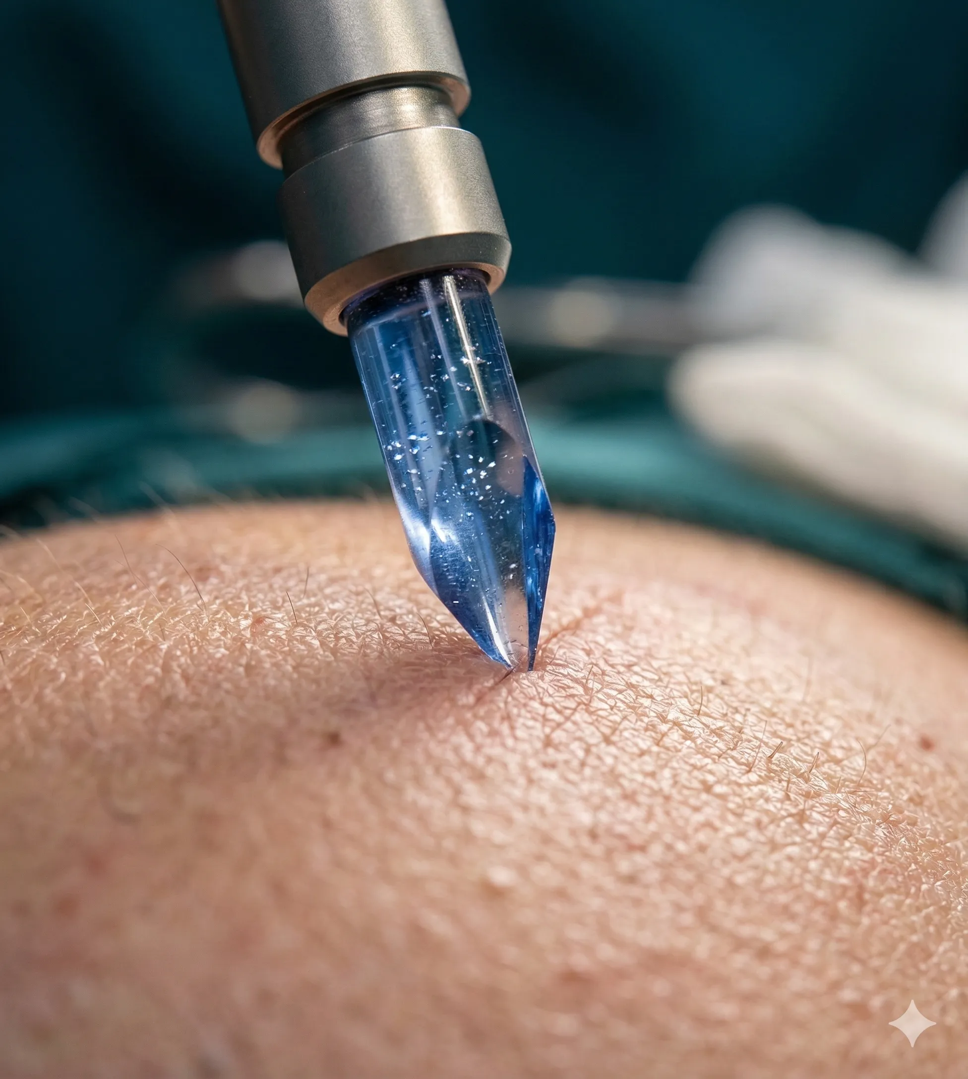 Close-up of sapphire hair transplant instrument on scalp